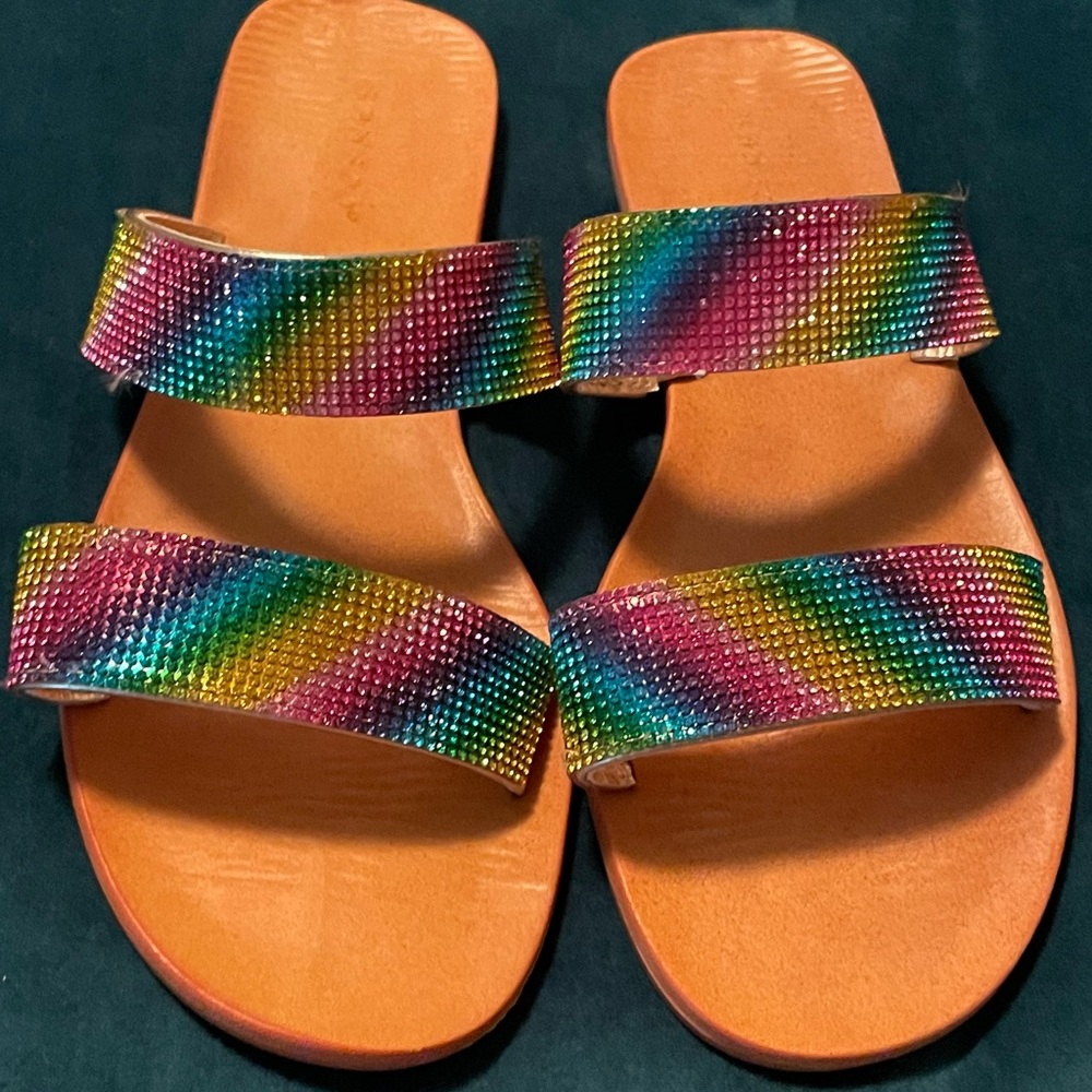 🌈Rainbow rhinestone double strapped sandals